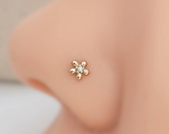 Tiny 14K Gold Flower Nose Stud With Tiny Diamond CZ Accent • Yellow Gold  Nose Stud • Dainty Daisy Flower • Waterproof • 20 Gauge • L Bend