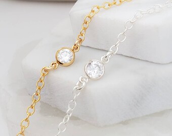 Diamond CZ Bezel Bracelet • Solitaire  Bracelet • Layering Bracelet • Delicate Gold & Cubic Zirconia Bracelet • Wedding Jewelry