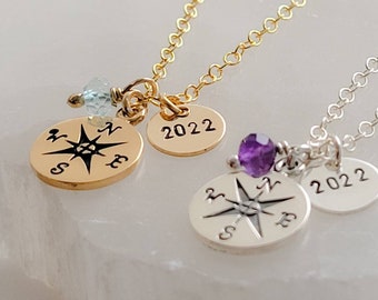 Personalized Graduation Gift • Compass and Birthstone Necklace • Compass Rose • High School College Graduation • Class Of 2022 • Grad Gift