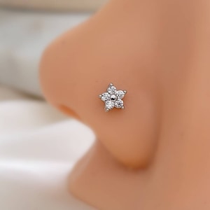Piercing para nariz con flor brillante • Piercing para nariz con curva en L • Flor de circonita cúbica con diamante • Delicada joya para nariz • Resistente al agua • Calibre 20