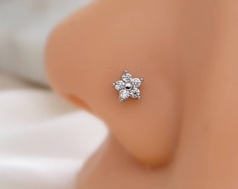 Sparkle Flower Nose Stud • L Bend Nose Stud • Diamond CZ Flower • Dainty Nose Jewelry • Waterproof  • 20 Gauge