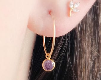 Dainty Birthstone Hoop Earrings • Personalized CZ Drop Hoops • Delicate Gold or Silver Hoops • Birthday Gift for Her • Custom Jewelry