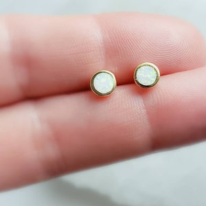 Simple Opal Studs • Round Opal Earrings • Lab Created Opal Studs • Bezel Set Opal Earrings • Delicate Studs • Modern and Minimalist Studs