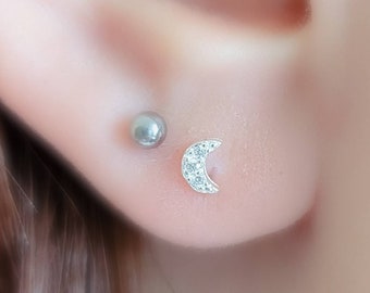 Tiny Crescent Moon Studs • Dainty CZ Studs • Little Crescent Moons • Multiple Piercings • Ear Party • Ear Stack • Delicate Studs • Moon