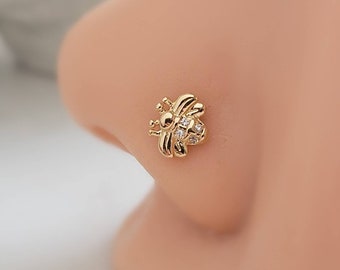 Little Bee Nose Stud • 20 Gauge L Bend • Nose Jewelry • Cubic Zirconia Accents • Cute Body Jewelry • Waterproof