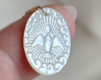Mother of Pearl Dove Necklace • Hand Carved Peace Amulet Pendant • Good Luck Jewelry • Symbolic Gift of Hope and Protection