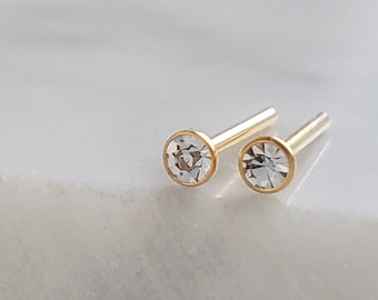 Tiny Bezel CZ Stud Earrings • Cubic Zirconia Studs • Dainty Gold Earring Studs • Delicate Sparkle Studs • Multiple Piercing Studs