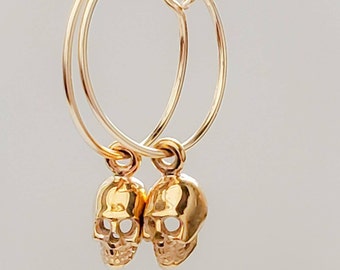 Tiny Skull Hoop Earrings • Thin Gold Hoops • Small Skulls • Delicate Hoops • Hoop Earrings • Dainty Jewelry • Goth Hoops