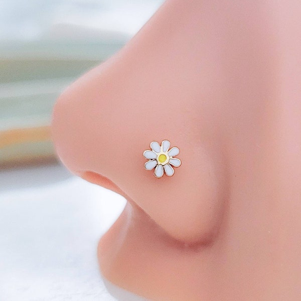 Dainty Daisy Nose Stud • L-Bend or Nose Bone • Delicate Nose Stud • Body Jewelry • Flower Stud • 20 Gauge • Enamel Daisy