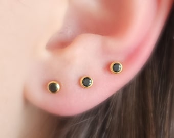 Black Diamond CZ Studs • Luxe Gold Bezel Earrings • Tiny Studs for Piercings • Elegant Ear Stack • Dainty Fine Jewelry • Multiple Piercings
