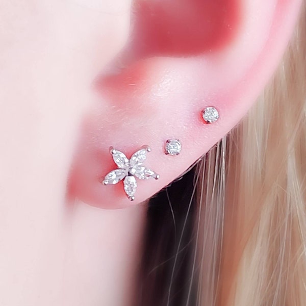 Diamond CZ Flower Stud • Marquise Stones • Internally Threaded Flat Back • Labret • Cartilage • Body Jewelry • 316L Surgical Steel • 16g