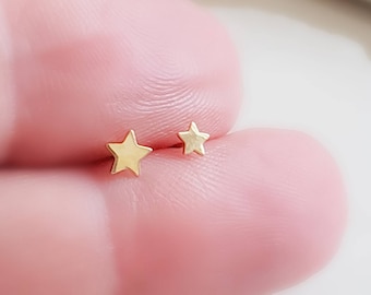 Tiny 14K Star Studs • Flat Back Push In Body Jewelry • Sleep In Studs • Threadless Studs • Dainty Star Earrings • 14 Karat Gold • 18 Gauge