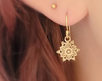 Mandala Drop Earrings • Sacred Geometry • Gold Lotus Flower Drops • Silver Mandala Earrings • Bohemian Style Jewelry