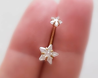 Sparkle Belly Button Naval Ring • Star Shaped • Round CZ • Double Jeweled • 14 Gauge • 14k Gold Plate • 316L Surgical Steel