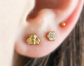 Bumble Bee & Flower Flat Back Stud Set • Mix and Match • Gift For Nature Lover • Nap Studs • Everyday Studs • Waterproof • Titanium