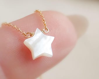 Mother of Pearl Star Necklace • Dainty Celestial Pendant on Delicate Chain • Minimal Layering Jewelry • Shimmering Star Gift