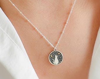 Collier Chat Observateur d'Étoiles • Pendentif Chat en Argent Sterling et Bronze • Cadeau Personnalisé Gravé pour les Amoureux des Chats • Bijou Souvenir Animal de Compagnie