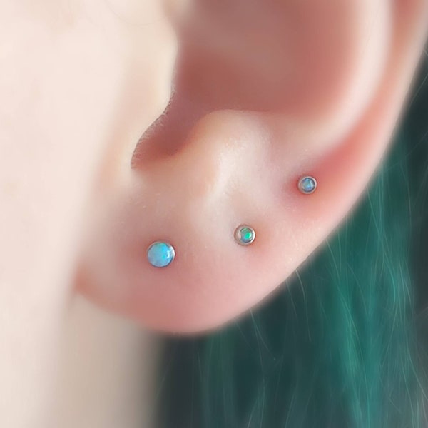 Opal Studs • Threaded Ball Back Studs • 18g Earring Studs • Body Jewelry • Blue or White Opals • Tiny Studs • Delicate Piercing Jewelry