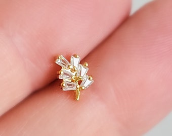 Baguette Flat Back Stud • Delicate Leaf CZ Earring • 16G Push In Labret • Surgical Steel Cartilage Stud • Minimalist Ear Stack • Labret
