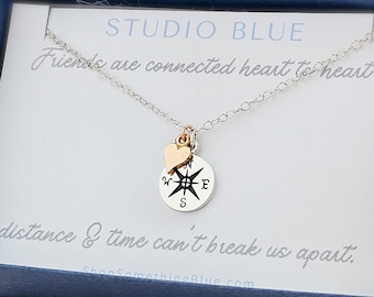 Best Friend Gift • BFF Compass Necklace • Long Distance Friendship  • Going Away Gift • Compass Charm • Bestie For Life • Soul Sisters