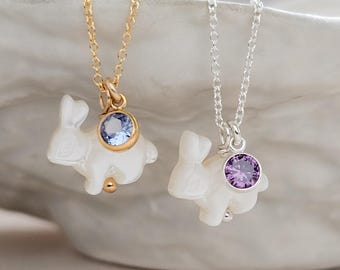 White Rabbit & Birthstone Necklace • Mother of Pearl Bunny • Good Luck Charm • Lucky Rabbit Jewelry • Gift For Animal Lover • Woodland Style