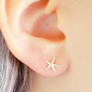 May include: A close-up of a person's ear with a small gold starfish earring. The earring is a simple design with five points.