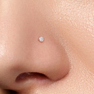 May include: Close-up of a person's nose with a small, clear, round nose ring with a single, clear gemstone.