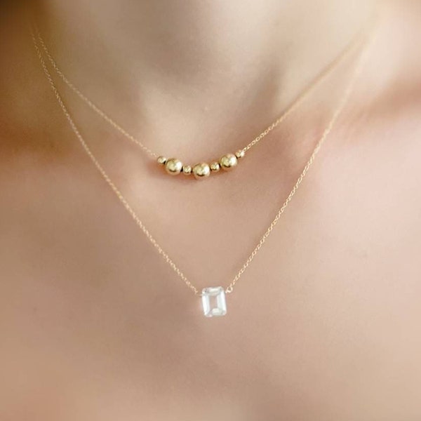 Emerald Cut Quartz Necklace • Fine Gold Chain • Modern Classic • Minimal Style • Layering Necklace • Dainty Solitaire Necklace