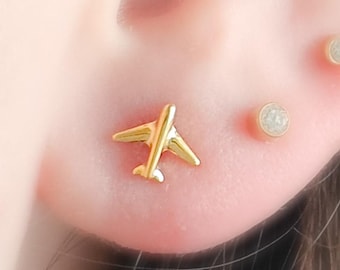 Titanium Airplane Stud Earrings • Dainty Flat Back Nap-In Studs • 14k Gold Plated • Modern Travel Jewelry for Jetsetters & Adventurers