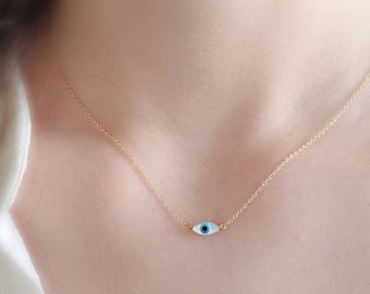 Dainty Evil Eye Necklace • Mother of Pearl Evil Eye • Delicate Necklace • Good Luck • Protection • Black or White Evil Eye