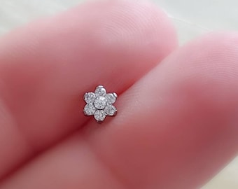 Tiny Crystal Flower Stud • Threadless Push in Flat Back • Labret • Monroe • Cartilage • Nose • Body Jewelry • Implant Grade Titanium • 18g