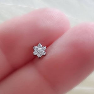 Tiny Crystal Flower Stud • Threadless Push in Flat Back • Labret • Monroe • Cartilage • Nose • Body Jewelry • Implant Grade Titanium • 18g