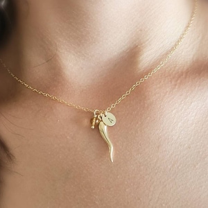 Italian Horn Cornicello Necklace • Personalized Initial & Birthstone • Good Luck Charm • Protection Amulet • Gold Horn Necklace • Waterproof