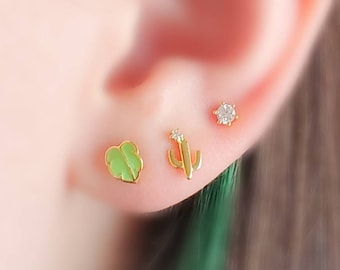 Leaf & Cactus Stud Set • 3 Stud Set • Dainty Earrings • Super Cute Studs • Tiny Studs • Multiple Piercings • Tropical Stud Set