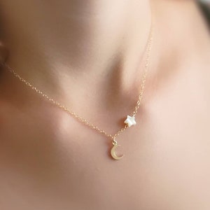Tiny Crescent Moon & Star Necklace • Dainty Celestial Jewelry • North Star • Mother of Pearl Star • Symbol of Fertility • Gold Crescent Moon