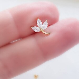 Sparkle Vine Flat Back Stud • Delicate Leaf Stud • 3-Marquise CZ • Threaded 316L Surgical Steel • Labret • Monroe • Cartilage • 16g