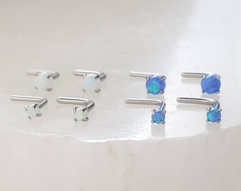 Opal L Bend Nose Stud • 20g • Surgical Steel • 2mm and 3mm Prong Set Blue or White Opal • Delicate Nose Stud • Dainty Stud