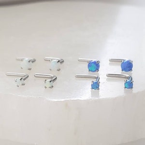 Opal L Bend Nose Stud • 20g • Surgical Steel • 2mm and 3mm Prong Set Blue or White Opal • Delicate Nose Stud • Dainty Stud