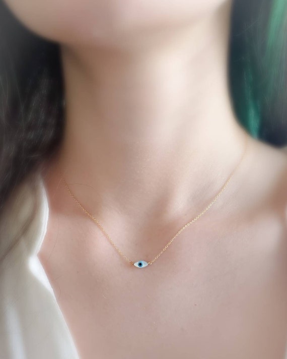 Dainty Evil Eye Necklace Mother of Pearl Evil Eye Delicate Necklace Good Luck Protection Black or White Evil Eye