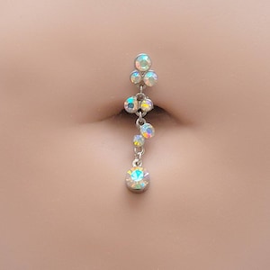 Dangle Belly Button Ring • Top Drop Naval Ring • Cascading Bubbles • Surgical Steel Belly Jewelry • Sparkling Crystal Drop