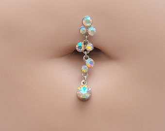 Dangle Belly Button Ring • Top Drop Naval Ring • Cascading Bubbles • Surgical Steel Belly Jewelry • Sparkling Crystal Drop