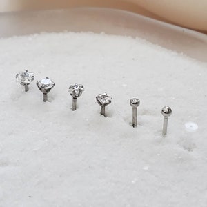 Set of 6 CZ Diamond L Bend or Nose Bone Studs • 20g • Surgical Steel • Round • Heart • Star • Square CZ • 2mm Ball • Clear Retainer