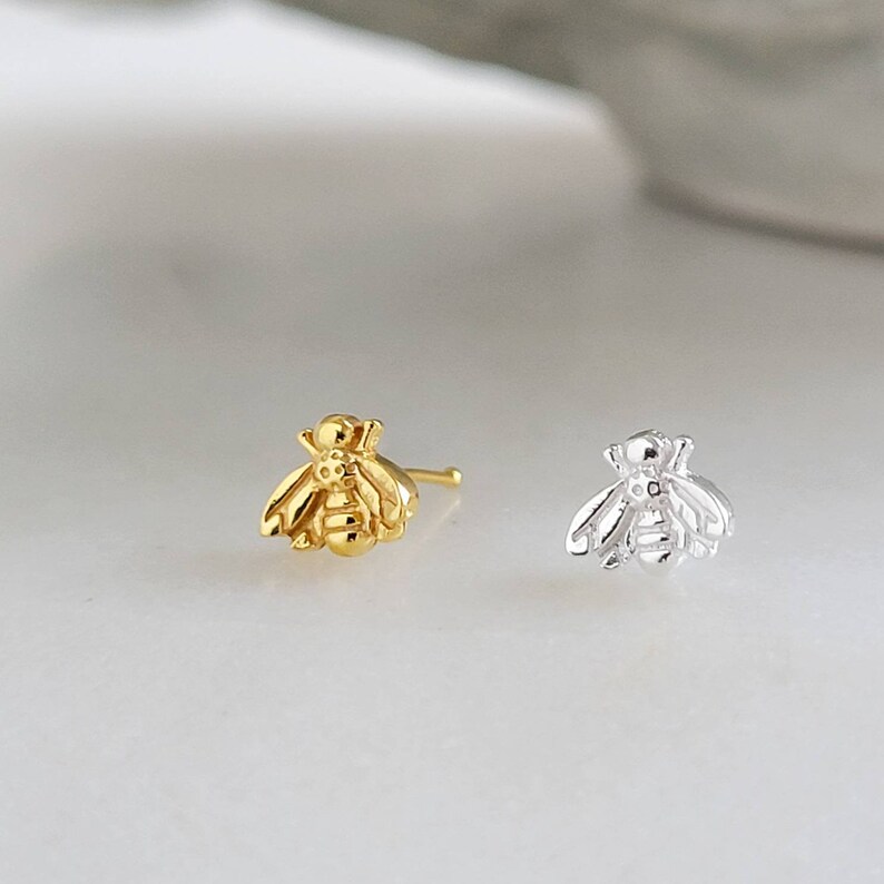 Tiny Bee Nose Bone 24 Gauge Sterling Silver Nose Jewelry Little Bee Nose Stud Small Nose Piercing image 3