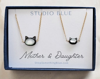 Mother & Daughter Kitty Cat Necklace Set • Gift For Mom • Cat Jewelry • Hand Carved Mother of Pearl • Matching Necklaces • Mother's Day Gift