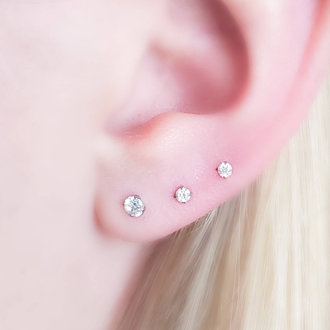 Tiny Diamond CZ Flat Back Studs Threadless Lobe Labret Monroe Cartilage