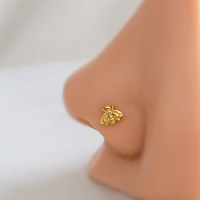 Tiny Bee Nose Bone 24 Gauge Sterling Silver Nose Jewelry Little Bee Nose Stud Small Nose Piercing image 5