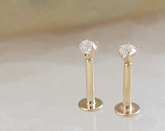 14k Gold & CZ Diamond Flat Back Studs • 18 Gauge Screw Back Studs • Prong Set Stones • Comfort backs • Dainty 14K Stud earrings