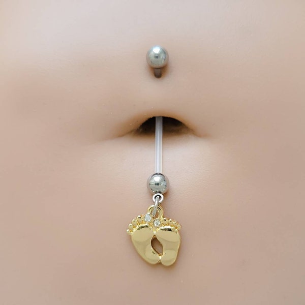 Pregnancy Belly Ring • Bendable Bioflex Post • Tiny Baby Feet • Dangle Navel Piercing • Maternity Jewelry • Body Jewelry • Flexible Barbell