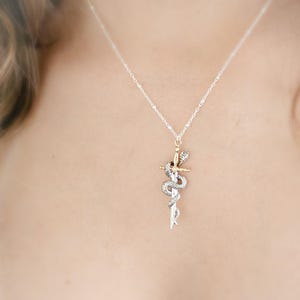 May include: A silver-toned necklace featuring a pendant with a sword design entwined by a snake. The pendant has gold accents and a small red stone. The necklace is displayed against a neutral background.