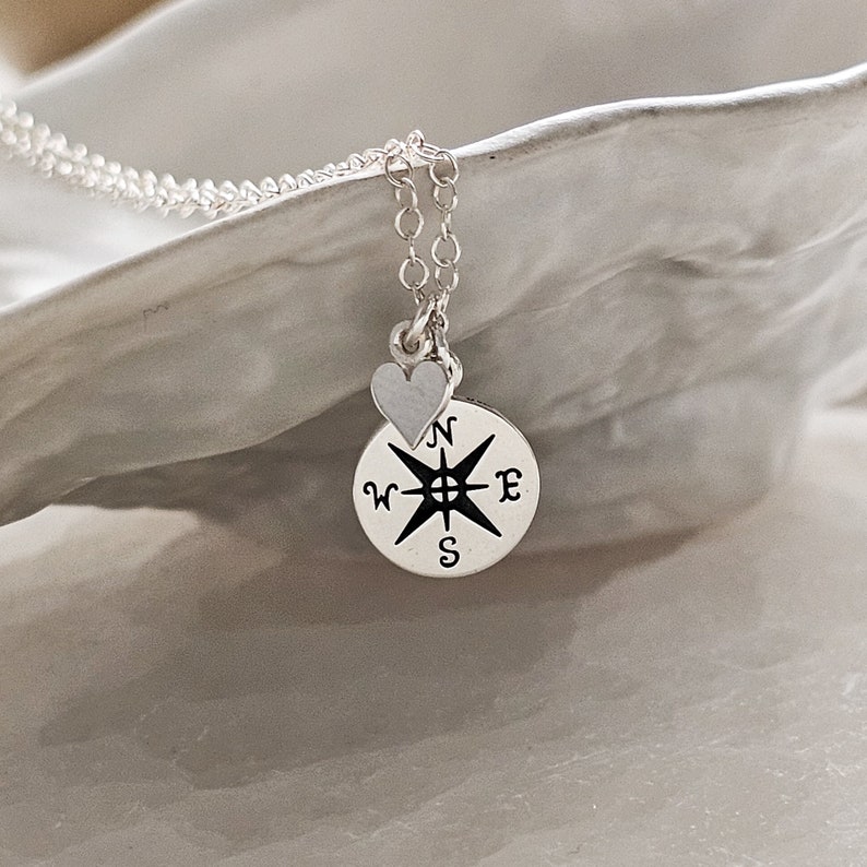 BFF Compass Necklace Best Friend Gift Long Distance Friendship Soul Sisters Compass Charm Going Away Gift Friendship Jewelry Silver w/Slver Heart